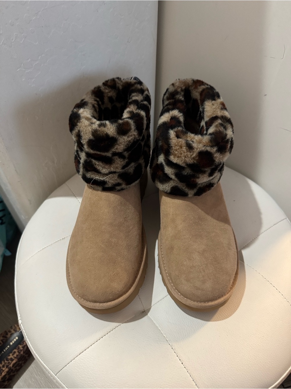 UGG Tan Suede Ankle Boots with Leopard-Print Fur Cuff